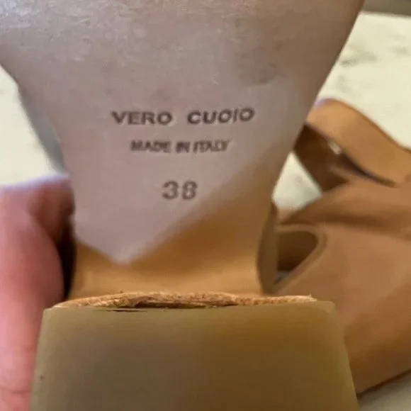 LATITUDE I FEMME Italian Natural Leather & Metallic Block Heels Size 37 or 7.5 - Picture 5 of 14